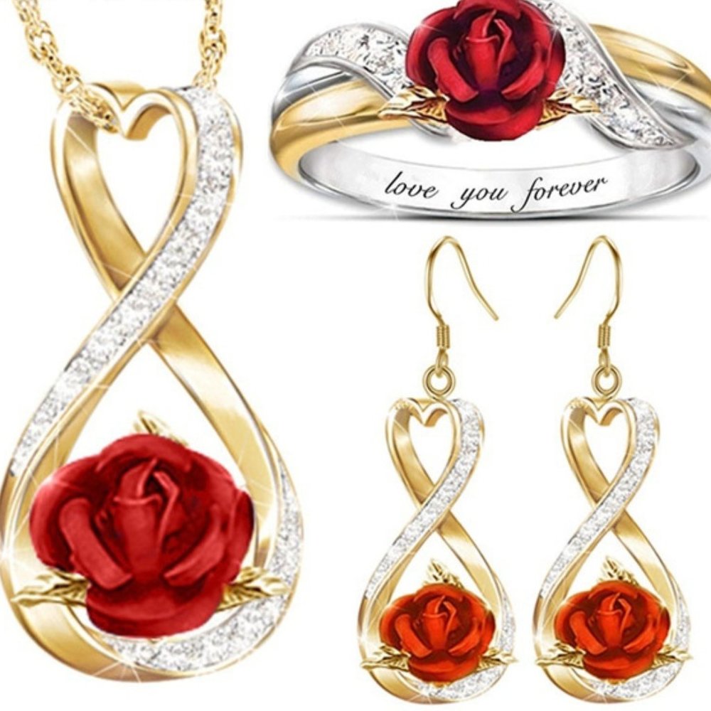 4 pcs, red rose and diamond ladies jewelry set